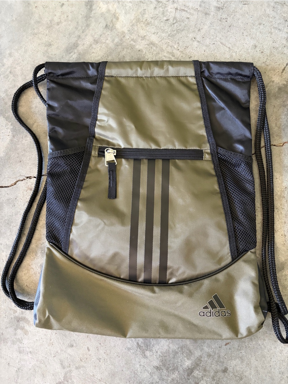 adidas Olive Green and Black Drawstring Gym Sack with Front Zip